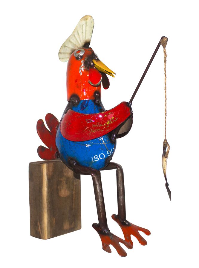 EEIEEIO Fishing Rooster Recycled Garden Art