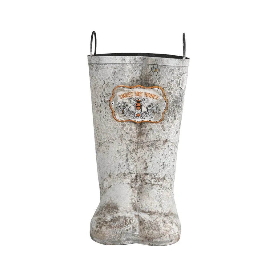 Distressed White Bee Gumboot Planter Bucket