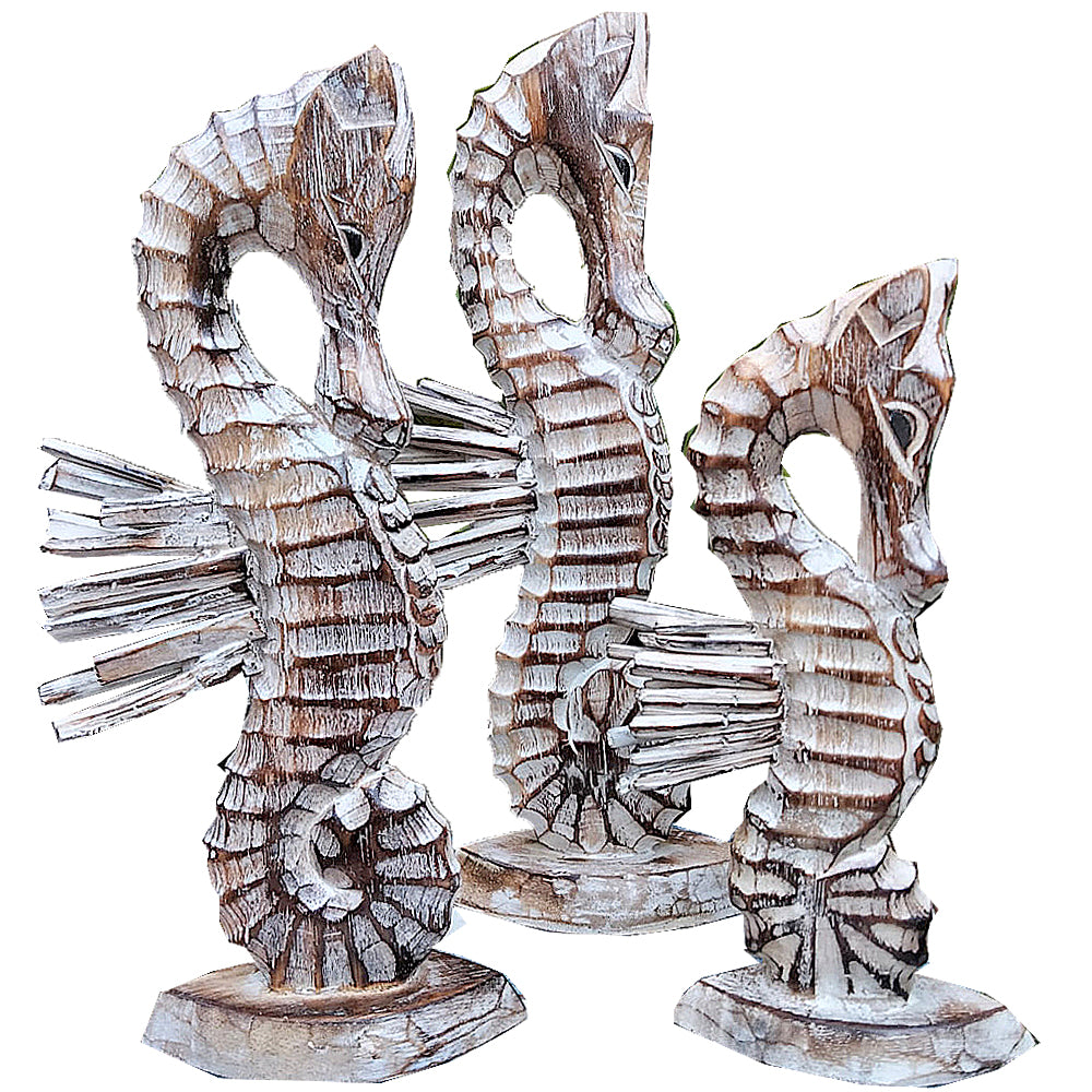 Natural Wash Wood Sea Horse Ornaments Set 3