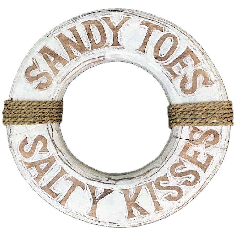 Whitewash Sandy Toes Wooden Life Bouy Wall Art