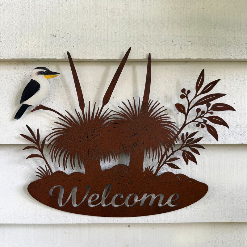 Rustic Kookaburra Welcome Grass Tree Metal Wall Art