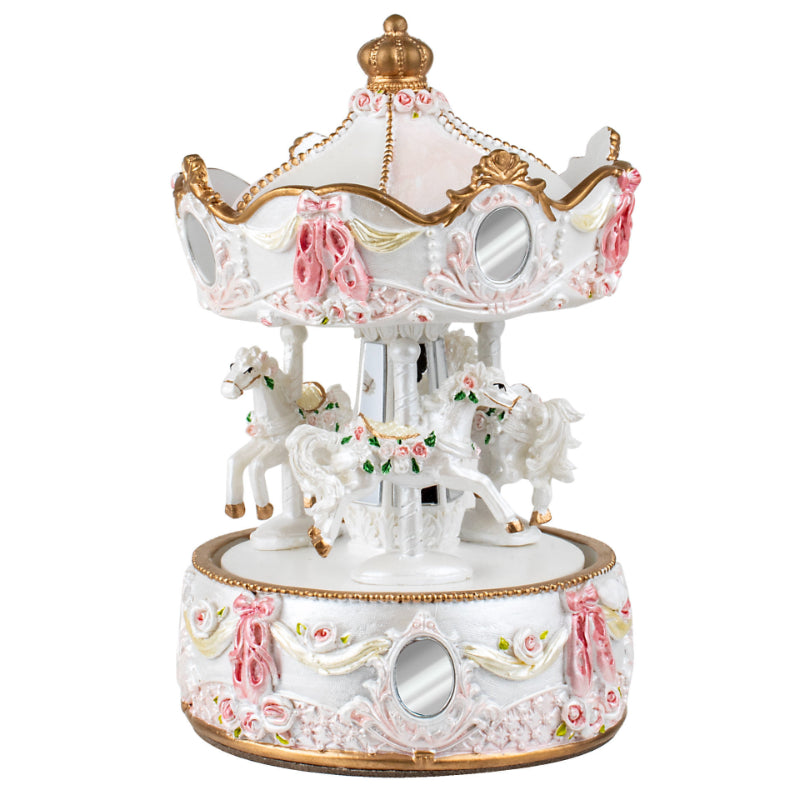 Poly Resin White Horse Carousel Music Box