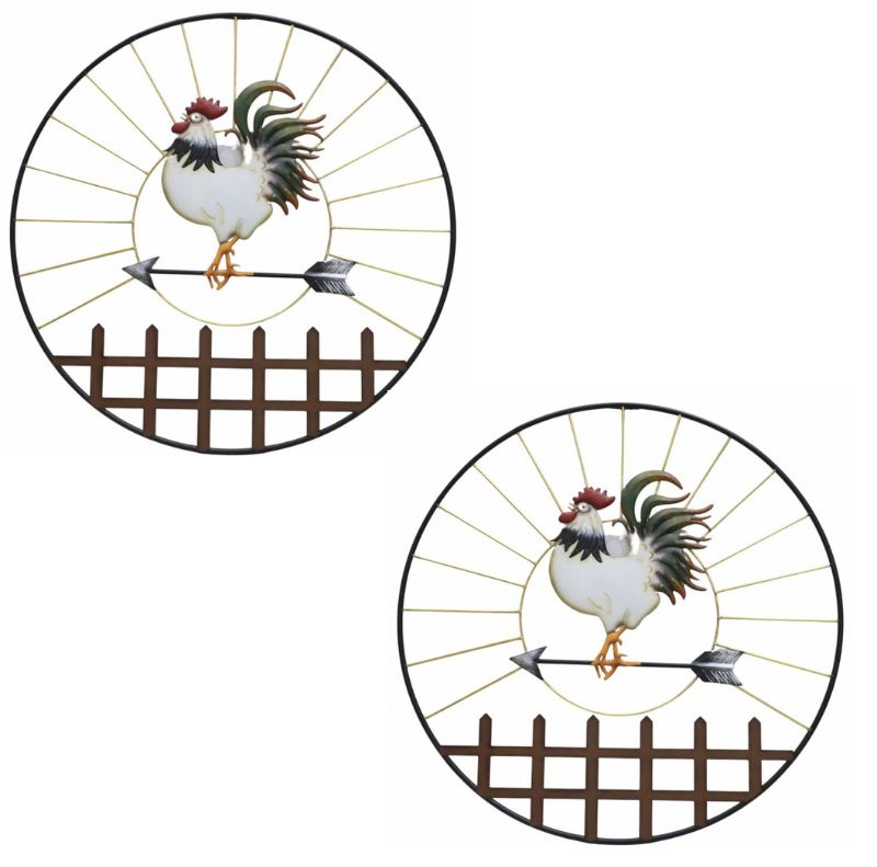 White Rooster Round Metal Wall Art Set 2