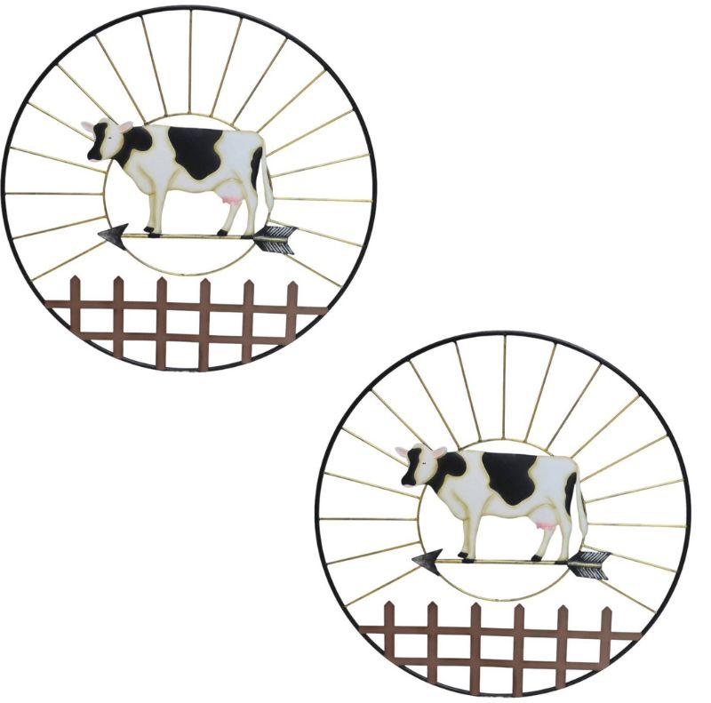 Black White Cow Round Metal Wall Art Set 2