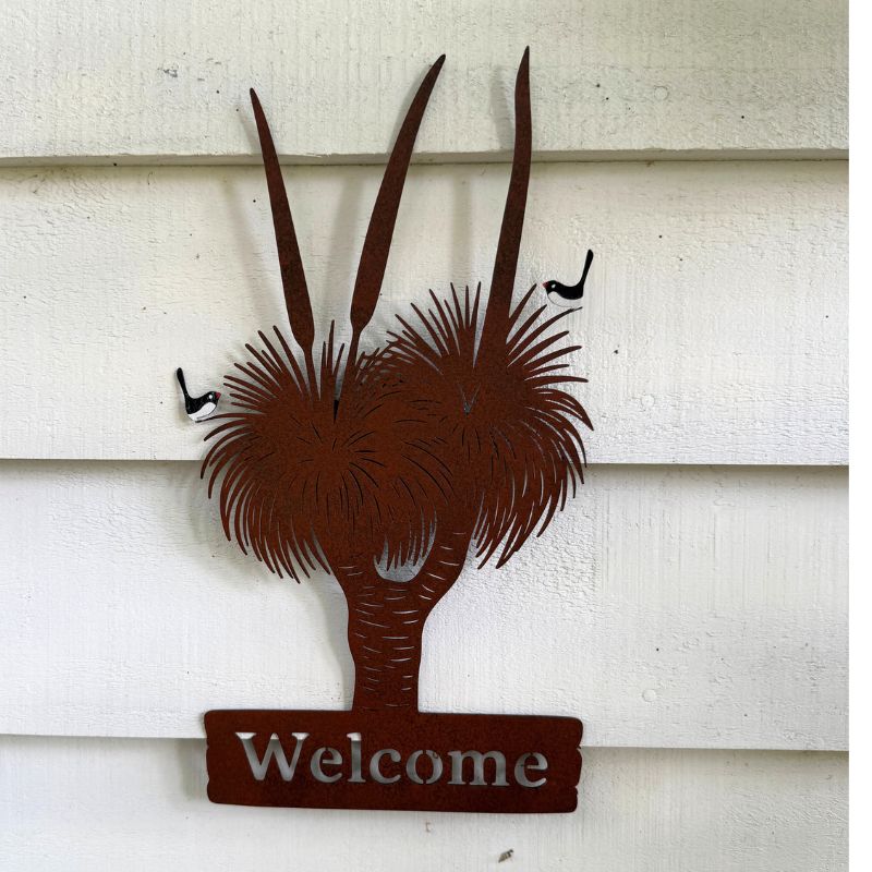 Rustic Willie Wagtail Welcome Grass Tree Metal Wall Art
