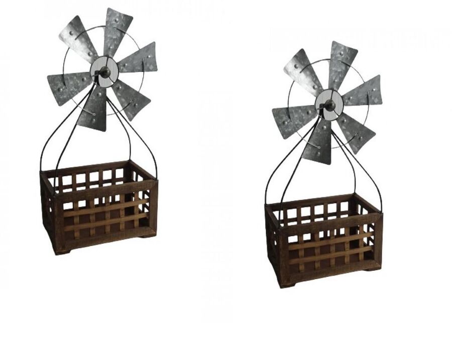 Rustic Windmill Tall Wall Planter Set 2