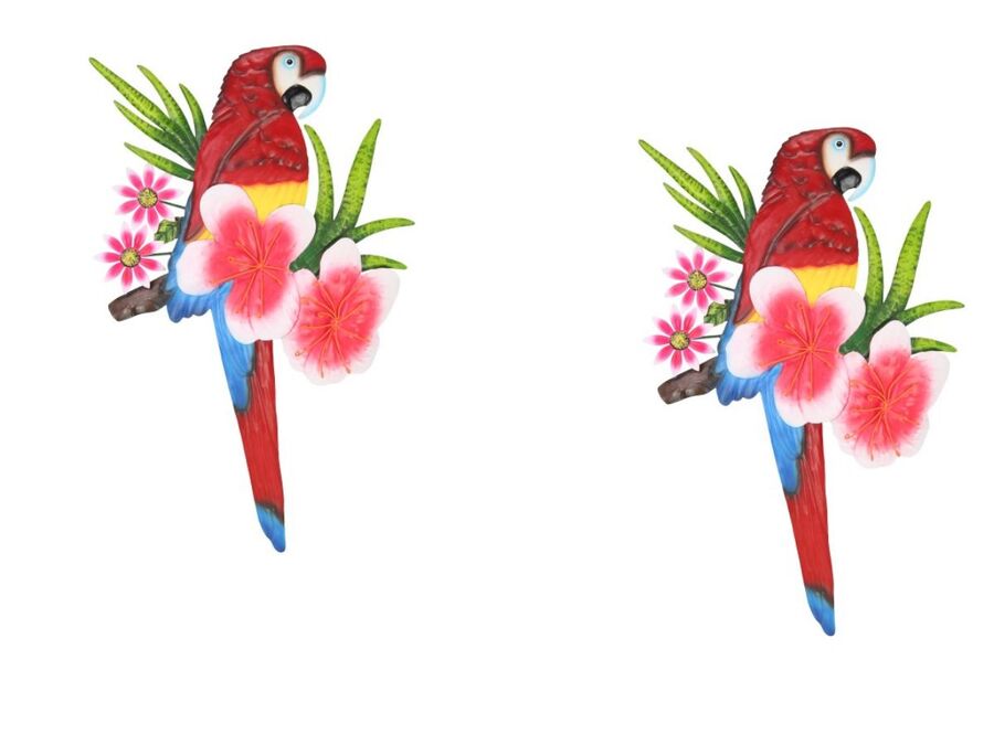 Tropical Red Parrot Floral Metal Wall Art Set 2