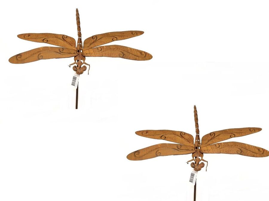 Rustic Metal Dragonfly Garden Stakes Set 2